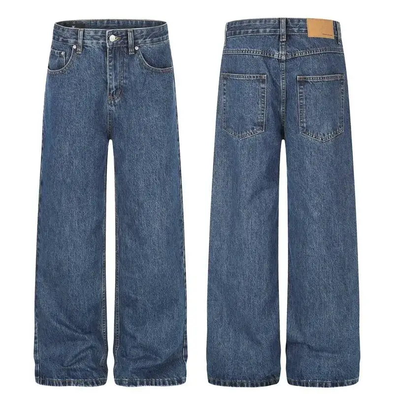 Blue Vintage Washed Straight Leg Denim Jeans For Men Women High Waist Loose Wide Leg Casual Daily Clean Fit Trousers BKIO