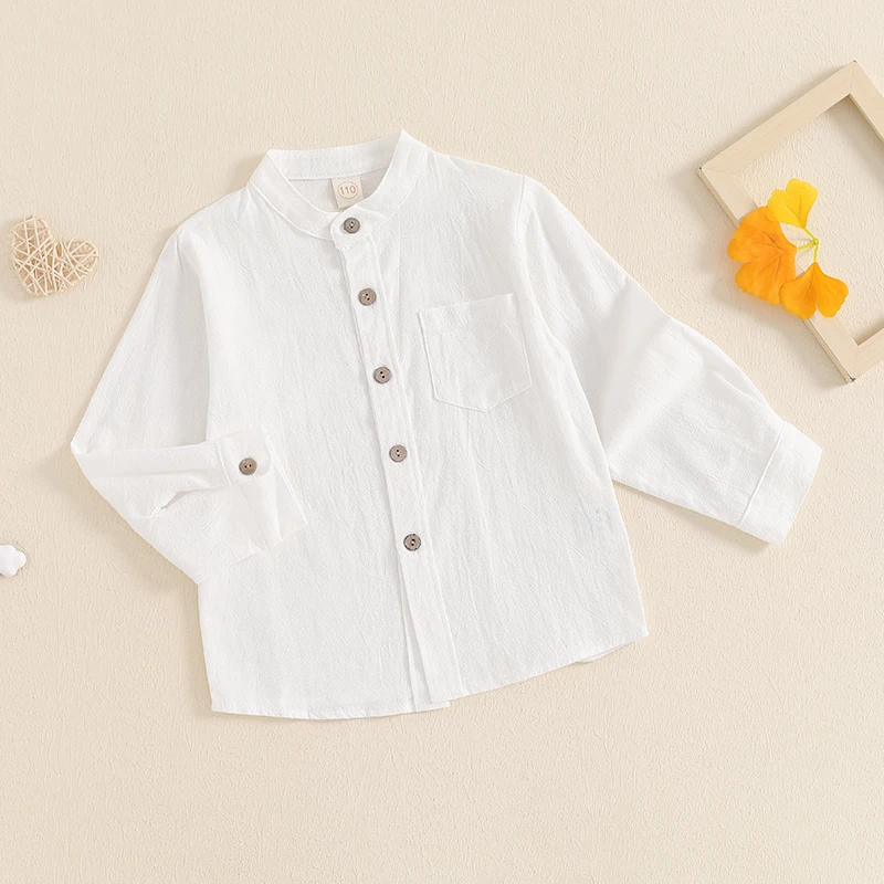 Little Boy Solid Color Shirt Chest Pocket Stand Collar Long Sleeve Front Button-up Fall Gentleman Tops