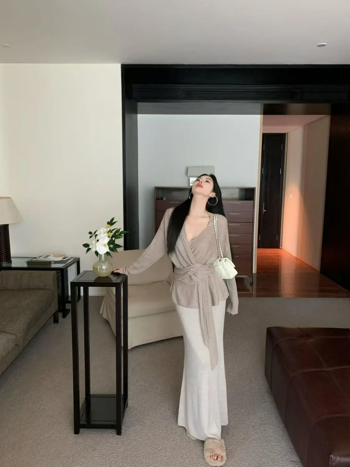 Donna 2025 Primavera Autumu Nuovo stile pigro Allentato Cross-Stretch Top Vita alta Gonna sottile sui fianchi Set da due pezzi da donna