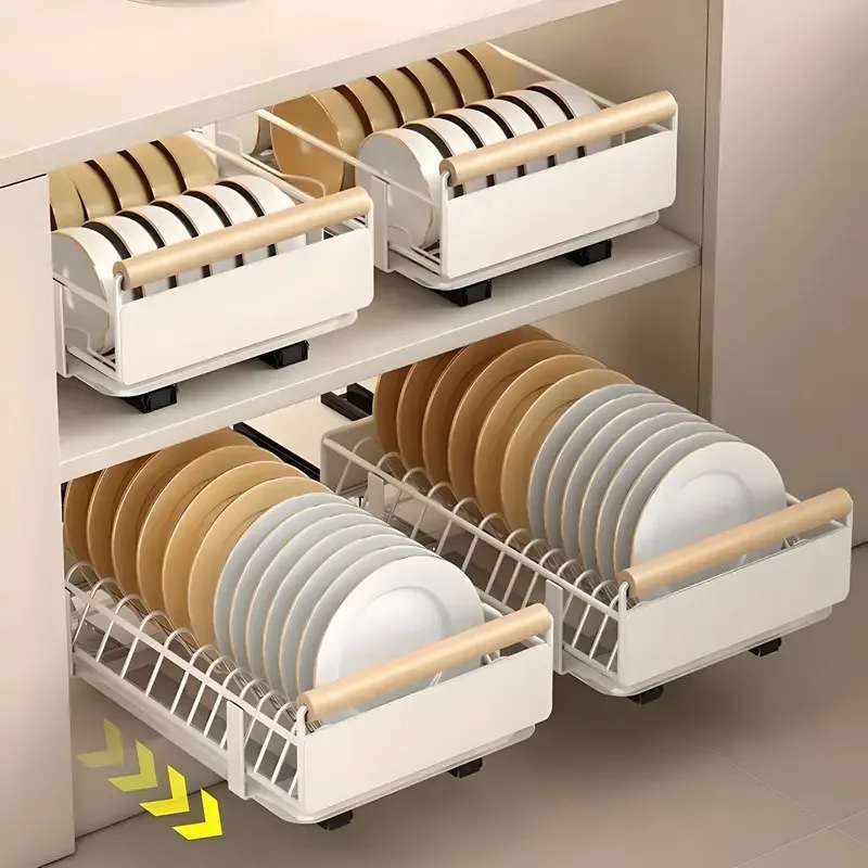 Pull-Out Carbon Steel Kitchen Storage Rack - Sliding Drawer Dish Organizer for Plates, Bowls, Cutlery and Condiment Storage