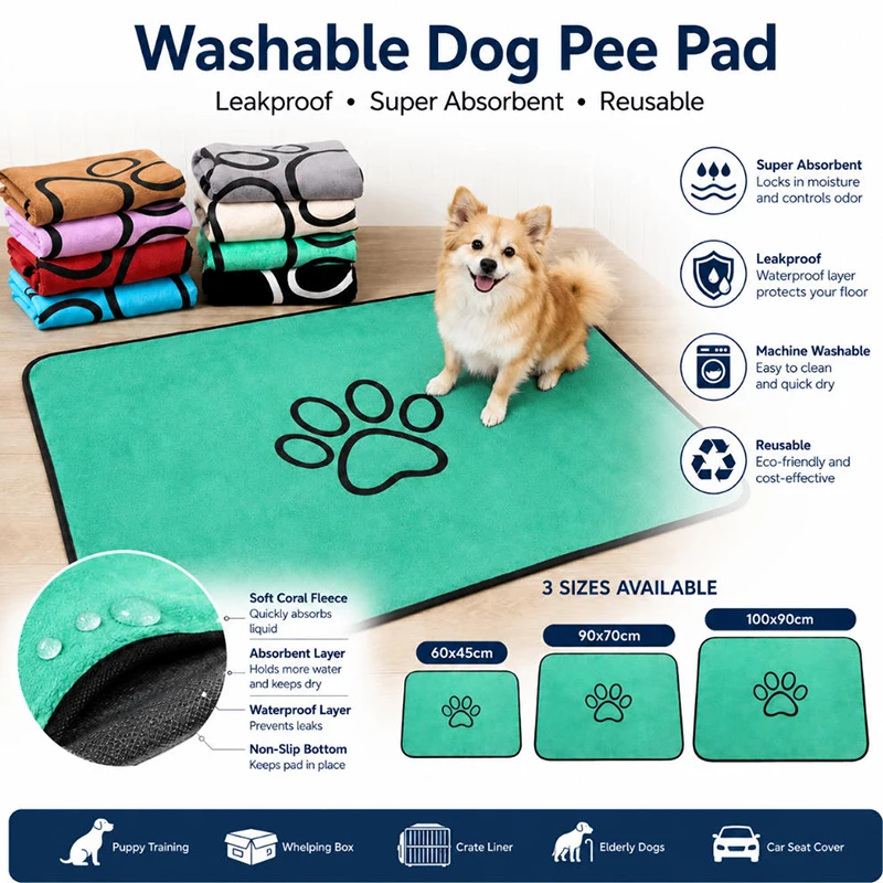 Coral Fleece Reusable Dog Pee Pad Super Absorbent Leakproof Washable Puppy Pad for Potty Training Crates Couch Car Seat Pet Bed
