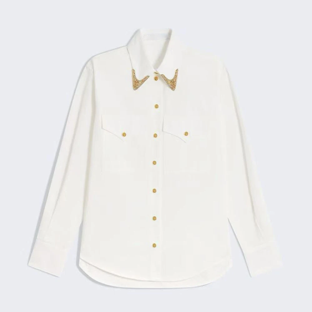 TWOTWINSTYLE, blusas lisas con botones empalmados para mujer, camisas de temperamento de otoño de manga larga con solapa, estilo de moda femenina KBL545320