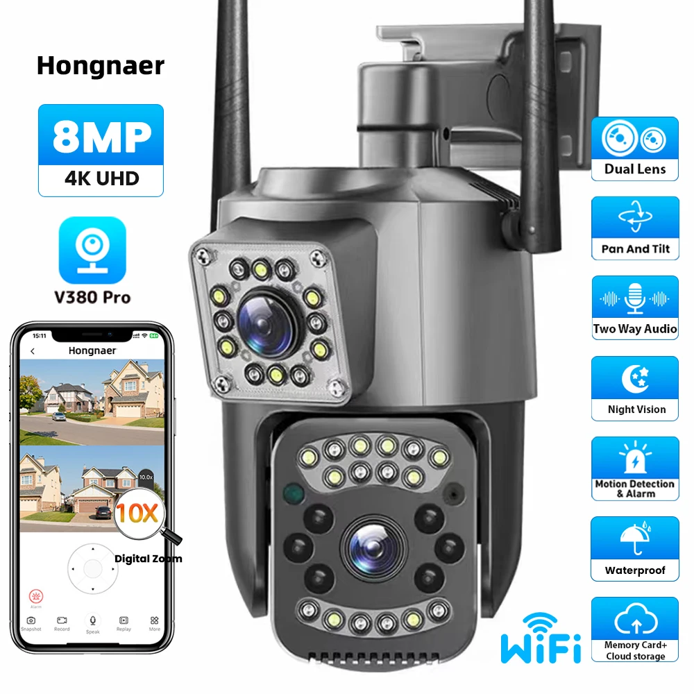 

Hongnaer 8MP 4K V380 Pro Dual Lens Night Vision Waterproof Wireless PTZ IP WiFi Smart Home Security CCTV Network Camera