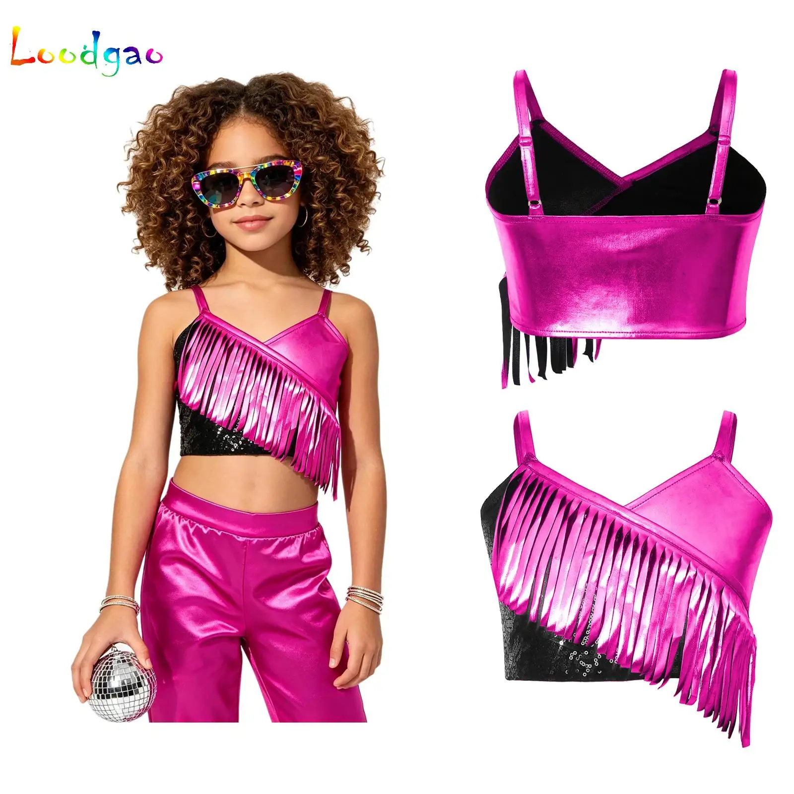 Kids Girls Jazz Disco Dance Costume Adjustable Sleeveless Metallic Tassels Crop Top Vest Cami for Themed Party Stage Performance