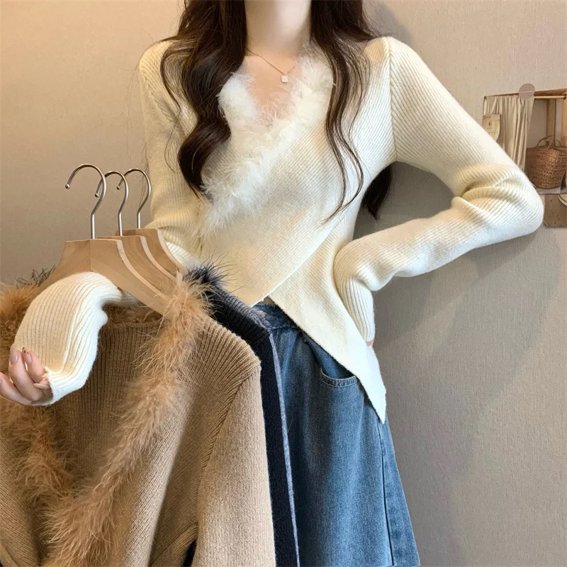 

Шикарный корейский вязаный свитер Long Sve V-Ne с перекрестным дизайном, женский осенне-зимний модный универсальный топ с верхом