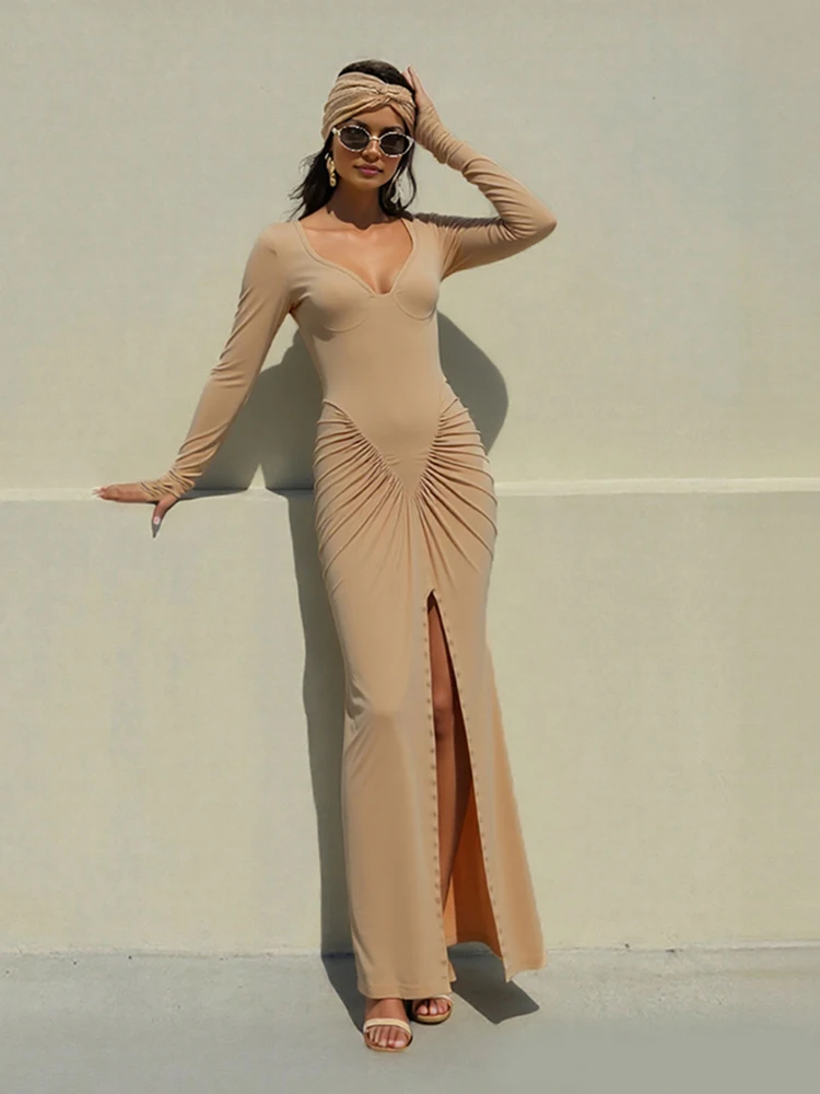 فساتين Kliou Ruched أنيقة طويلة للسيدات للخريف برقبة منخفضة وأكمام طويلة وحاشية منتصف الليل للحفلات الراقصة فساتين أساسية بسيطة