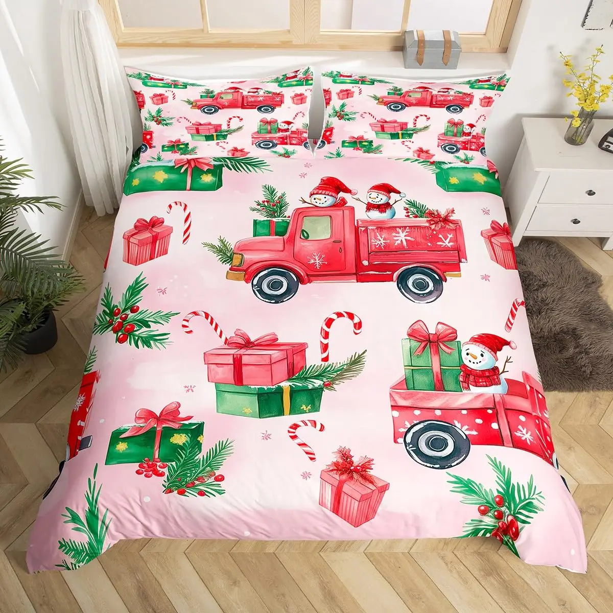 Merry Christmas Bedding Set Twin King Size Cartoon Car Duvet Cover for Kids Adult Cute Snowman Comforter Cover with 2 Pillowcase