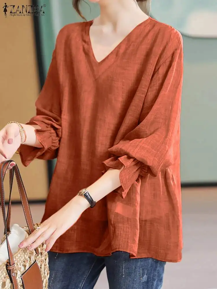 ZANZEA Women Solid Color Tops Vintage Holiday Long Sleeve Blouse Fashion V-neck Shirts 2024 Summer Casual Loose Tunics Oversized