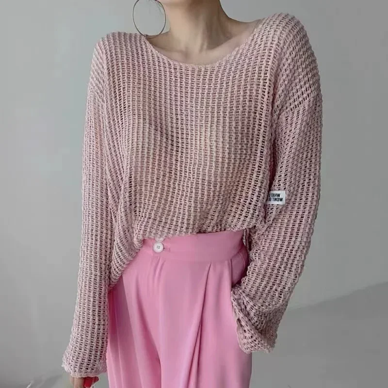 

summer Lady Hollow Out Mesh Thin Pullover Women's Knitted Sweaters See Through Look Long Sleeve Loose Tops Smock Sunscreen shirt