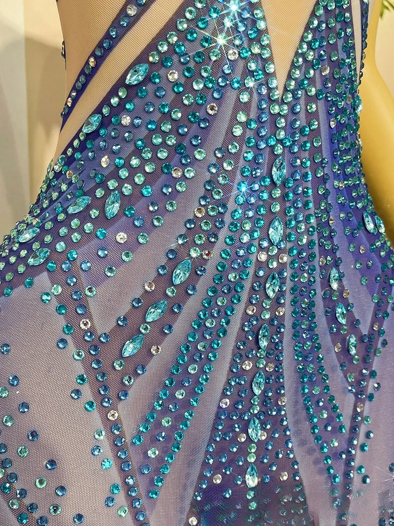 Shiny Blue Rhinestone Temperament Hip-wrapped Fishtail Skirt Adult Model Catwalk Trendy Clothes Annual Meeting Host Performance