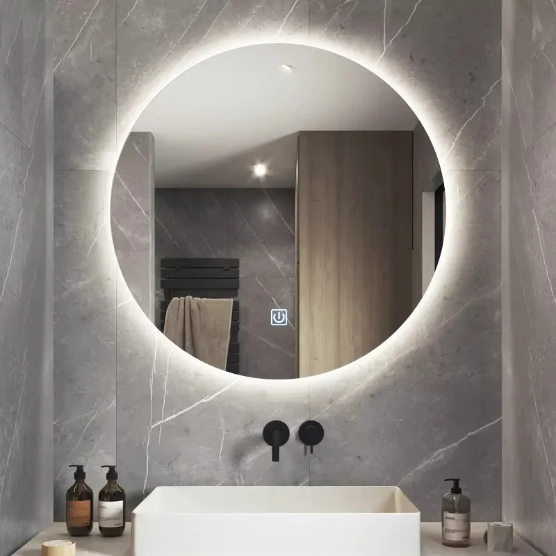 Modern Round Smart Mirror with LED Lighting for Bathroom Illuminated Hotel Toilet Mirror for Apartment Feature Touch Switch