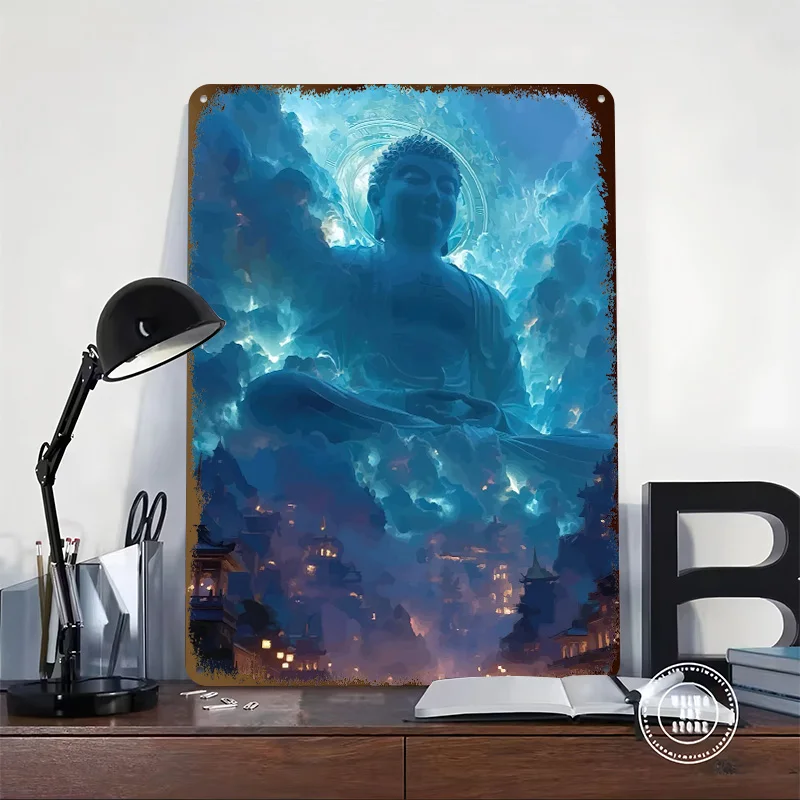 Enlightened Buddha Overlooking Printed Poster Customized Wall Art Retro Vintage Metal Tin Signs for Bedroom Decoration Gaming