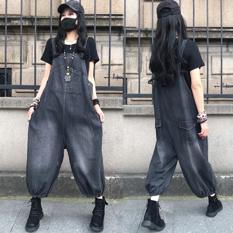 

Летний комбинезон 2025 года больших размеров с широкими штанинами, модный, свободный, универсальный, джинсовый, в стиле BF, с высокой талией, джинсы-клеш длиной 7/8