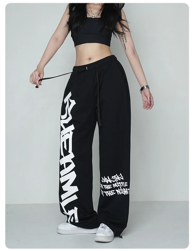 Sommerlicher Verkaufsschlager: Gothic-Buchstaben-Print Weite Gerade Hose, Unisex Elastischer Kordelzug Hip-Hop Übergroße Lange Sweathose – Detail 3