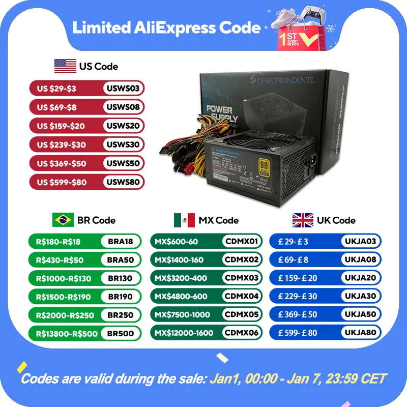 T.F.SKYWINDINL 2000W ATX PC Power Supply for Computer Mining MINER BTC Desktop 220v