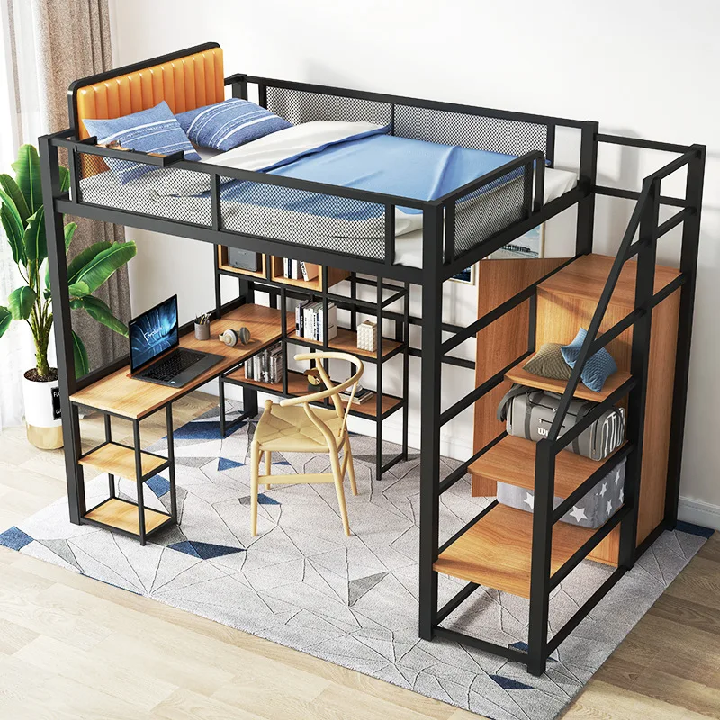 

Simple wrought iron elevated bed, multi-functional space-saving iron frame bed on the upper floor of the pavilion, small apartme
