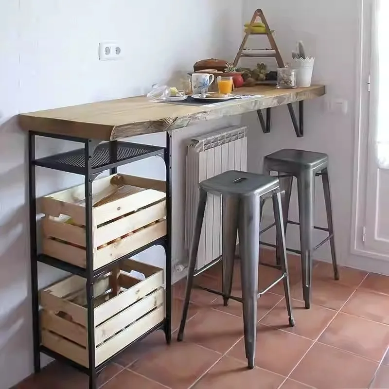 Solid wood wall-to-wall bar table, home balcony, casual window-leaning high table, long narrow dining table, log small bar