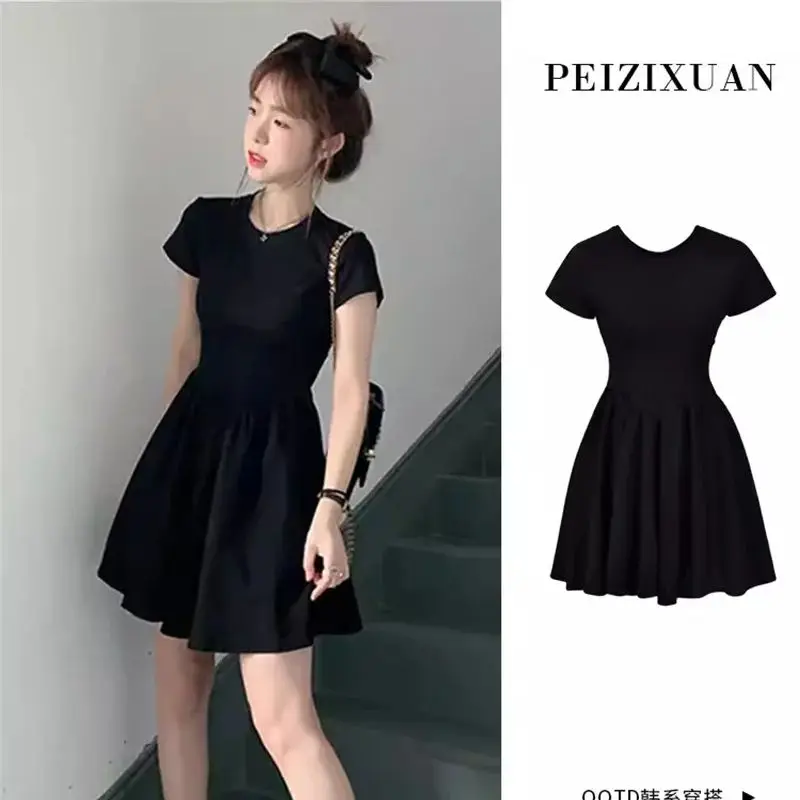 

French Hepburn Style Temperament Black Dress for Children's Summer 2024 New Small Stature With Waistband and Slim Black Dress WF