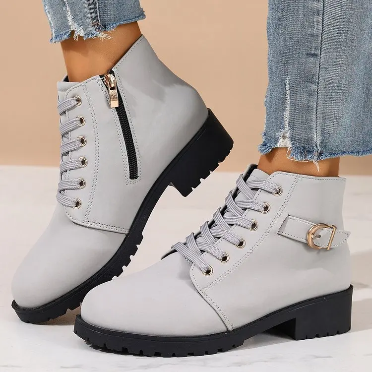 Damen-Stiefeletten mit runder Spitze, Schnürung, D-Metallschnalle, seitlichem Reißverschluss, niedrigem Blockabsatz, für den Alltag, Streetwear und Outdoor – Detail 4