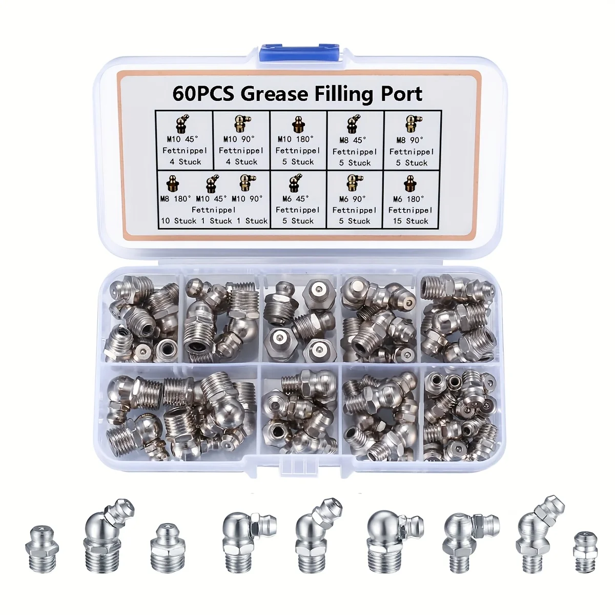 60Pcs Metric Grease Zerk Fitting Kit Galvanized Hydraulic Assortment Set M6 M8 M10 Vehicle Nozzle