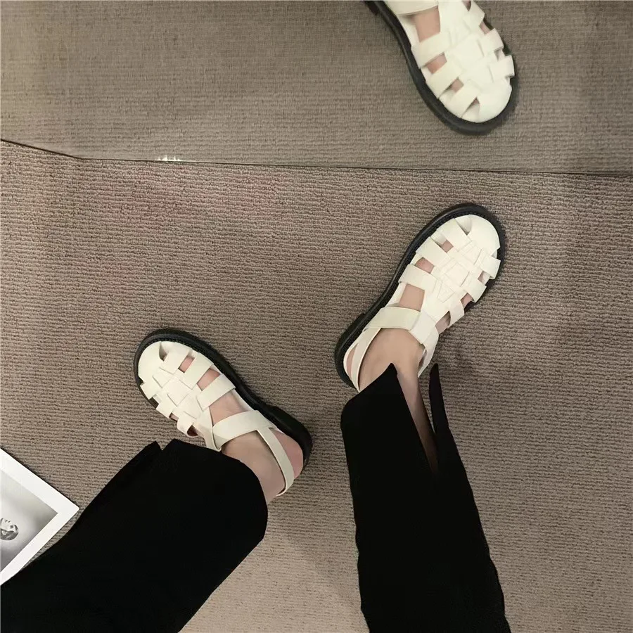 Hollow Woven Sandals Women Summer New Casual Flat Bottom Roman Solid Colour Shoes Lightweight Casual Round Head Slippers