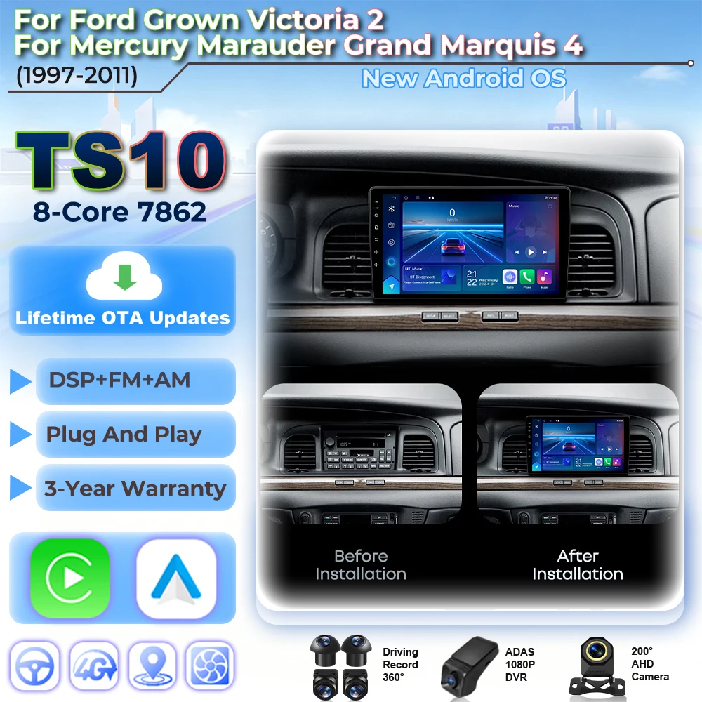 Android Auto Car Radio For Ford Grown Victoria 2 For Mercury Marauder Grand Marquis 4 1997 - 2011 Multimedia Player 5G Wifi 2din