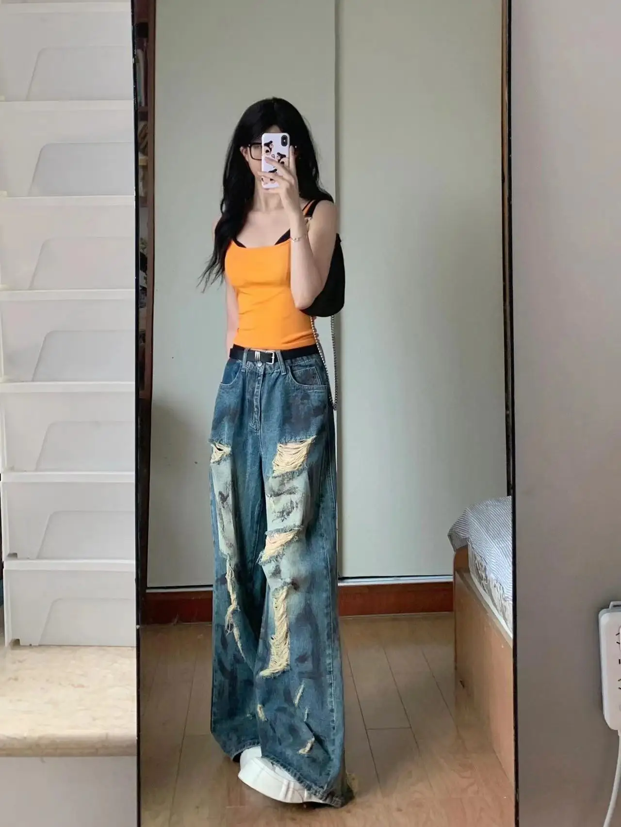 Summer New Style Ripped Floor Jeans For Women American Style Spicy Girls Straight Leg Loose And Lazy Style Wide Leg Demin Pants