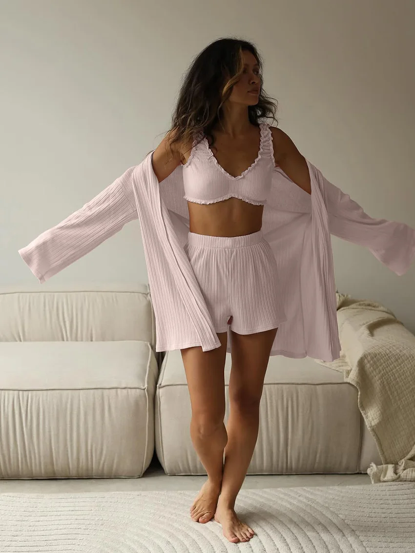 Marthaqiqi بيجامة نسائية غير رسمية 3 قطعة بدلة مثيرة بدون أكمام ثوب نوم بأكمام طويلة ورقبة على شكل حرف v ملابس نوم قصيرة ملابس منزلية للسيدات