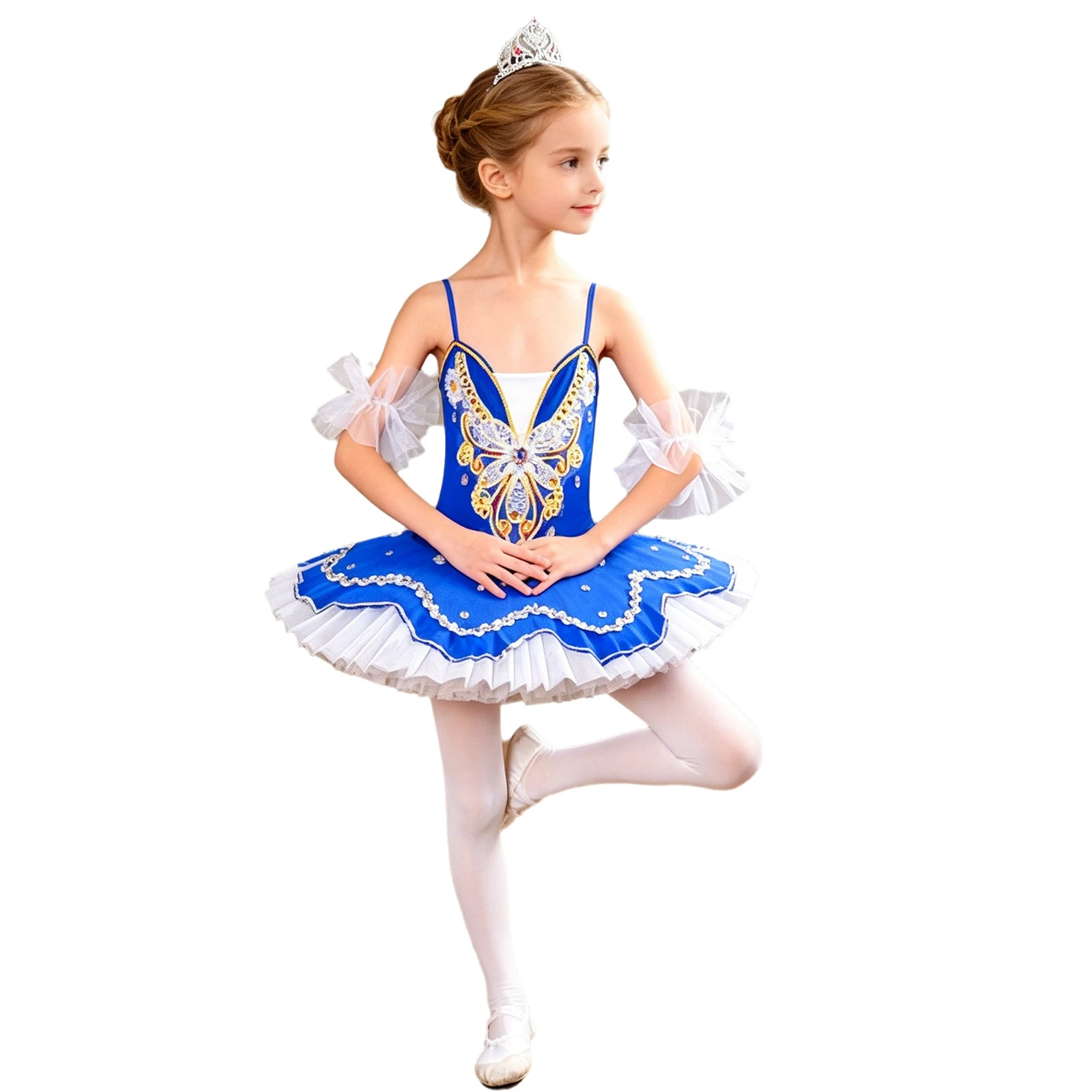 Kids Professional Camisole Skirted Leotard Ballerina Dancewear Girls Spaghetti Straps Butterfly Pattern Layered Tulle Tutu Dress