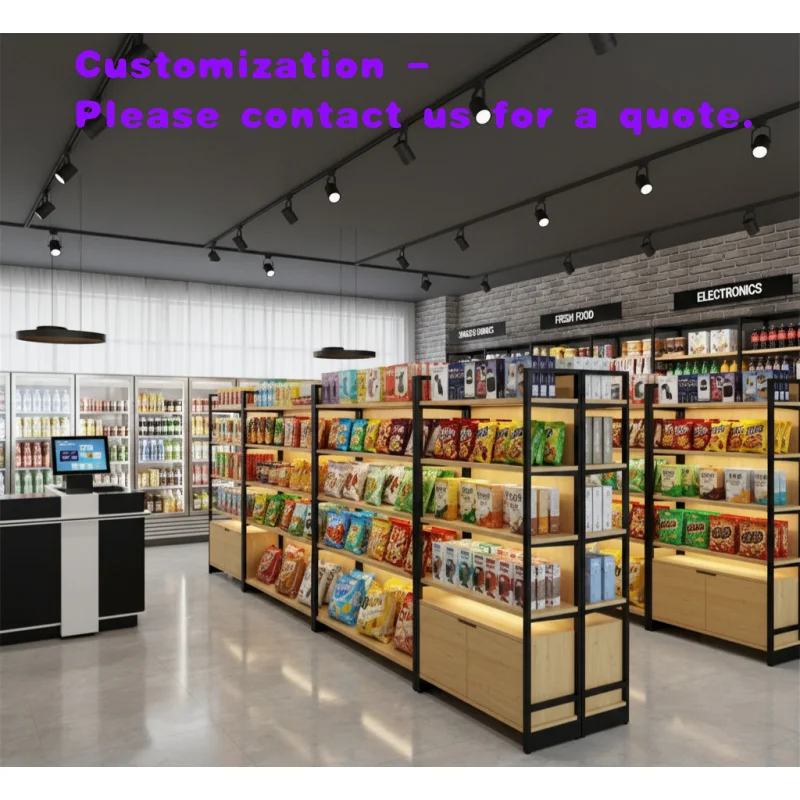 custom.Supermarket Wooden Metallic Adjustable Retail Shelving Display Cabinets Convenience Store Rack Shelves Retai