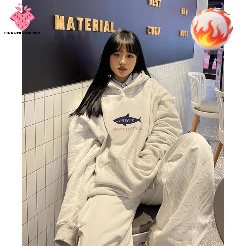 

American style Shark Print Sweatshirt Women Autumn Winter 2025 New Oversize Hoodie Loose Casual Pullover Y2K Top Female clothing