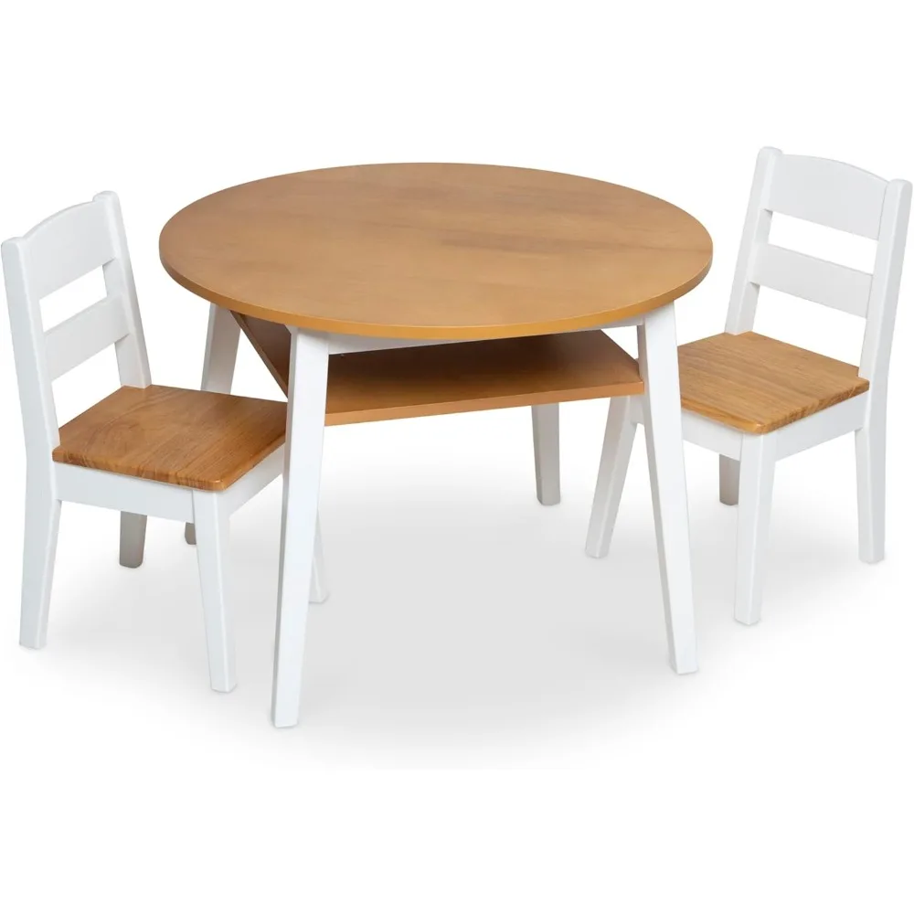 Houten Ronde Tafel En 2 Stoelen-Kindermeubels Voor Speelkamer, Licht Houtnerf En Wit 2-kleurige Afwerking-Tweekleurig