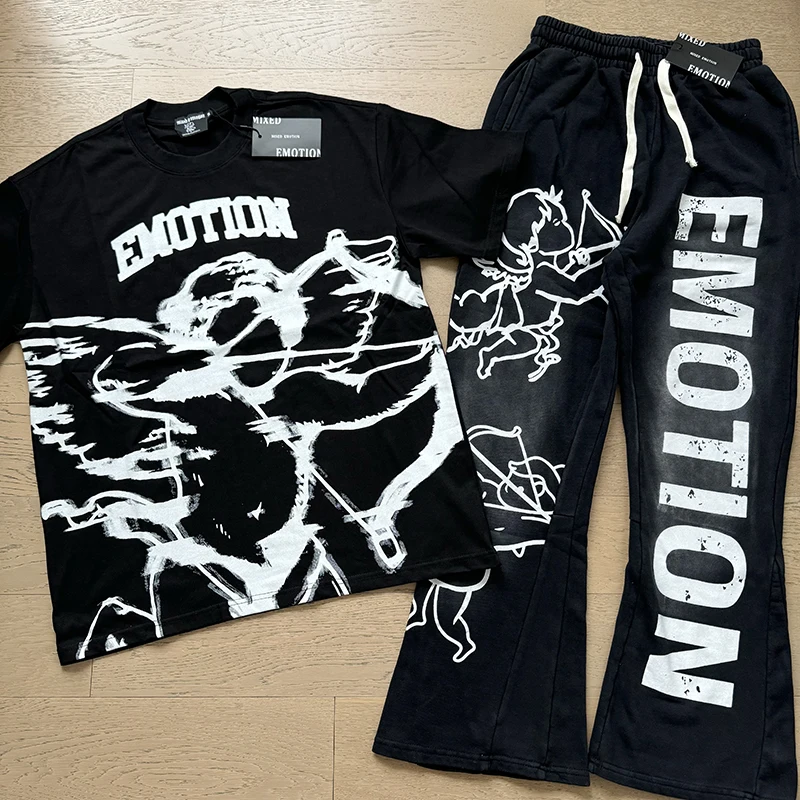 

European American Style MIXED EMOTION Sweatpants Washed Black Letter Print Loose Mixed Emotion Casual Pants Fashionable Suit