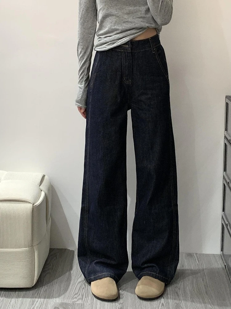 

Women Autumn And Winter Dark Blue Wide Leg Trousers Lady Fashion Versatile Commuting Narrow Straight Fleece-lined Jeans