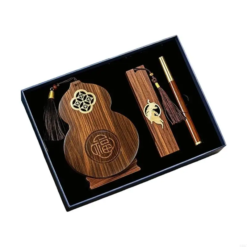 Wooden Desk Pen Stand Gift Set with Page Marker and Writing Pen, Chinese Storage Container for Office Study 896C