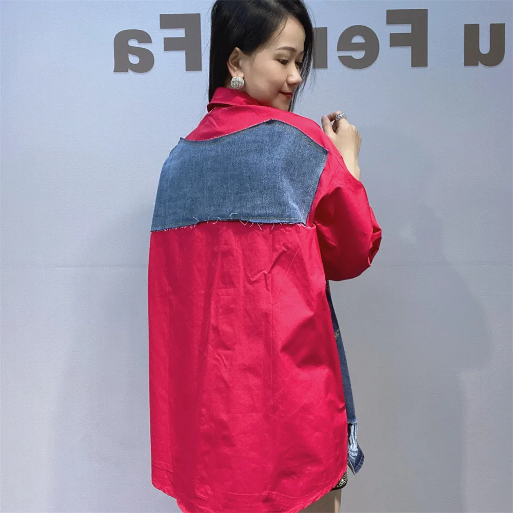 Denim Jacket for Women Autumn Loose Mid-Length Shirt Color-Block Long Sleeve Cardigan Trendy Brand Floral Rhinestone Jacket