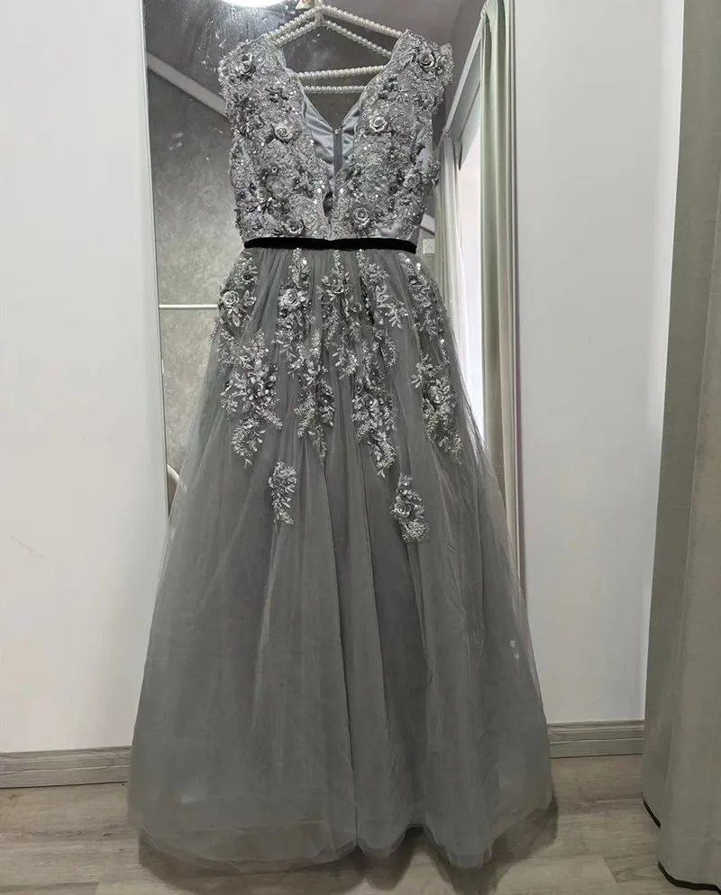 Mother Daughter Celebration Dresses Birthday Party Dresses Gray Color Gray Floral Lace Beading Celebration Mother Daughter Dress