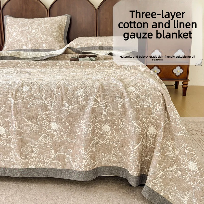 Jacquard Cotton Linen 3-Layer Gauze Throw Blanket Bed Cover Towel Quilt A-Class Pure Cotton All-Season Cotton Blanket