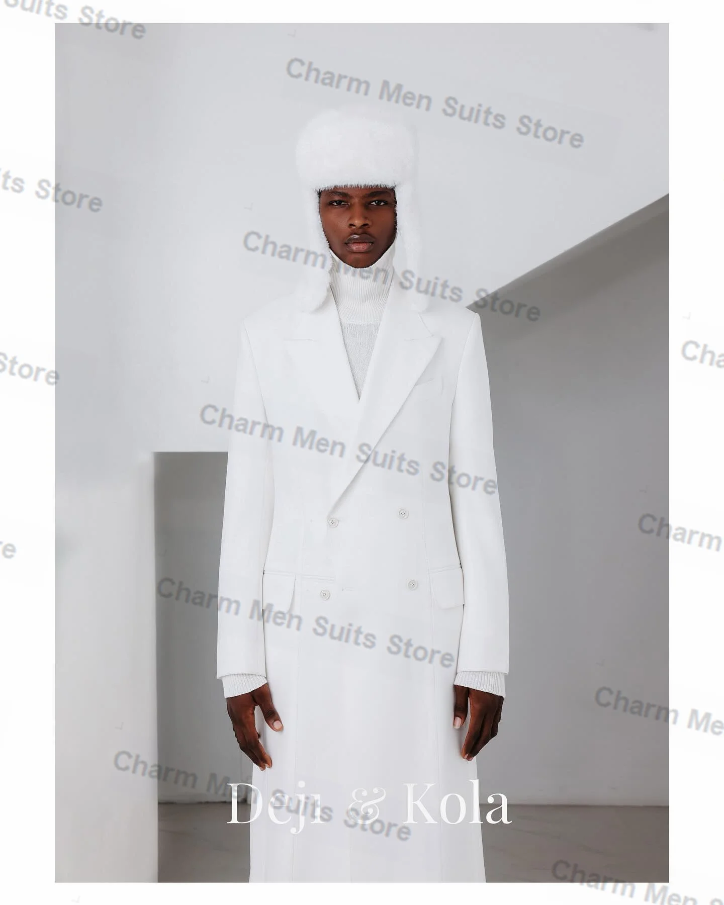 White Wedding Men Suits Set 2 Piece Long Blazer+Pants Trousers Tuxedo Double Breasted Cotton Formal Office Prom Jacket Coat