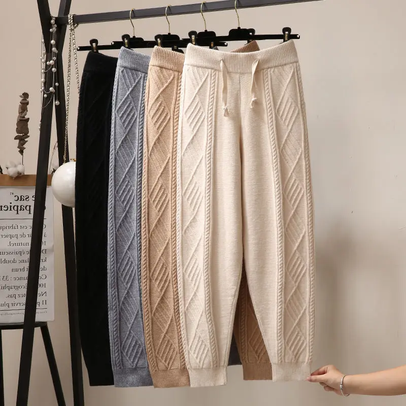 

Warm Winter Knitted Harem Pants Women Casual High Waist Drawstring Ankle-Length Pants Korean Fashion Vintage Stretch Sweatpants