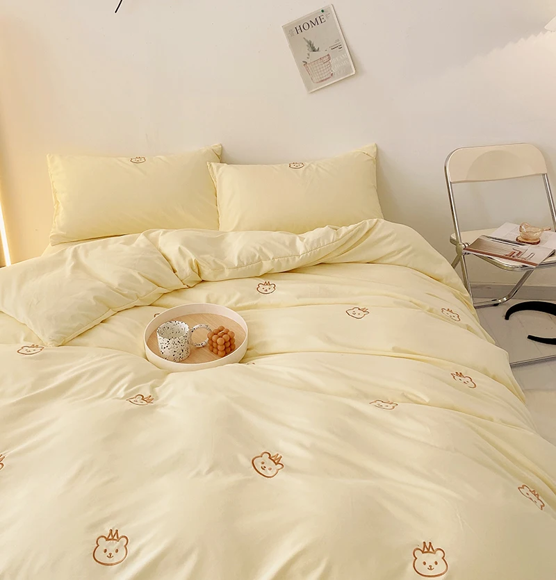 

Princ Sle Simple Fre Embroidered Pure Color Waed Cotton Four-Piece Bedding Set Queen Size Bed eet Cover Bed Skirt