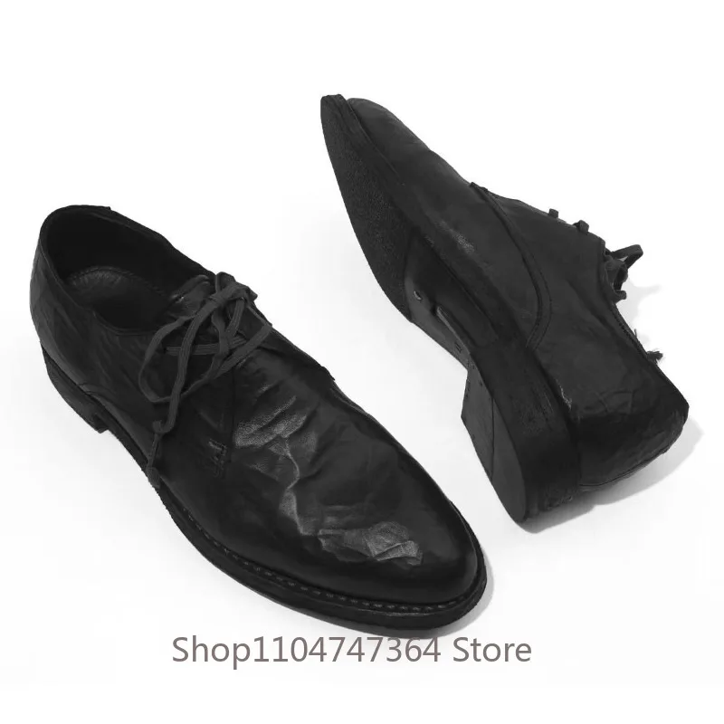 Designer Genuine Leather Horseskin Casual Derby Shoes Men's Pointed Toe Height Increase Lace Up Youth Trend Dress Shoes Male