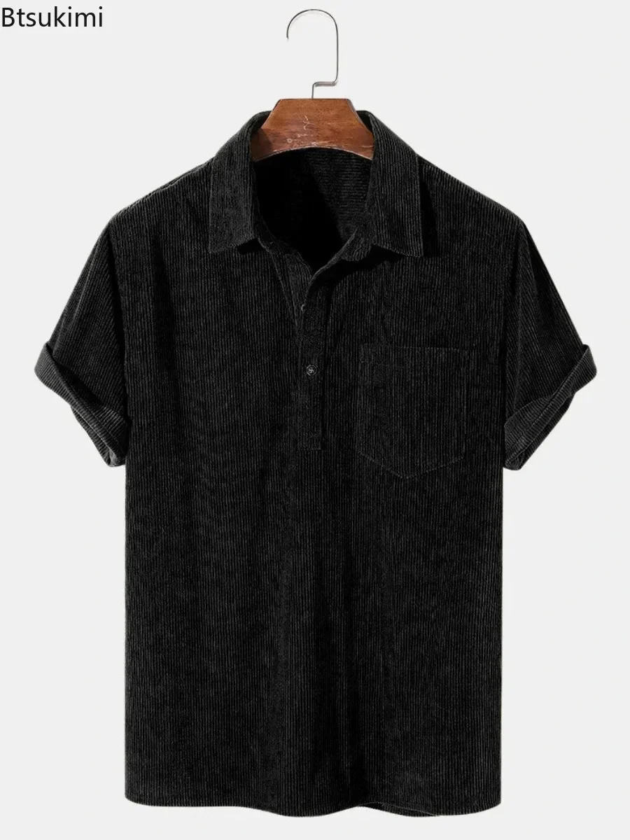 2025 Men's Summer Corduroy Short Sleeve Shirt Top Casual Streetwear Solid Lapel Loose Pullover Retro Simple Tops for Men Tees