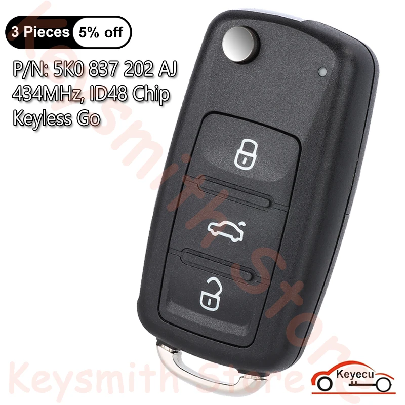 KEYECU 3 Buttons 434MHz ID48 Chip for VW Beetle Eos Golf Jetta Sharan Skoda Auto Keyless Go Flip Remote Key Fob 5K0837202AJ / AG