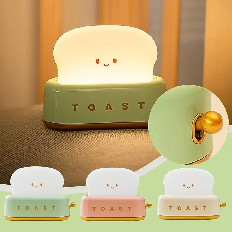 Cute Toast Bread LED Night Lamp,Creative USB Rechargeable Toast Night Light,Timer and Dimmable Bedside Sleep Lamp Desk Decor for