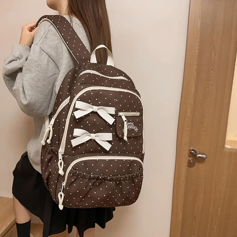 New Polka dot Bow Girls Backpack Large-capacity Nylon Student Schoolbag Multi-compartment Anti-theft Travel Computer Backpack