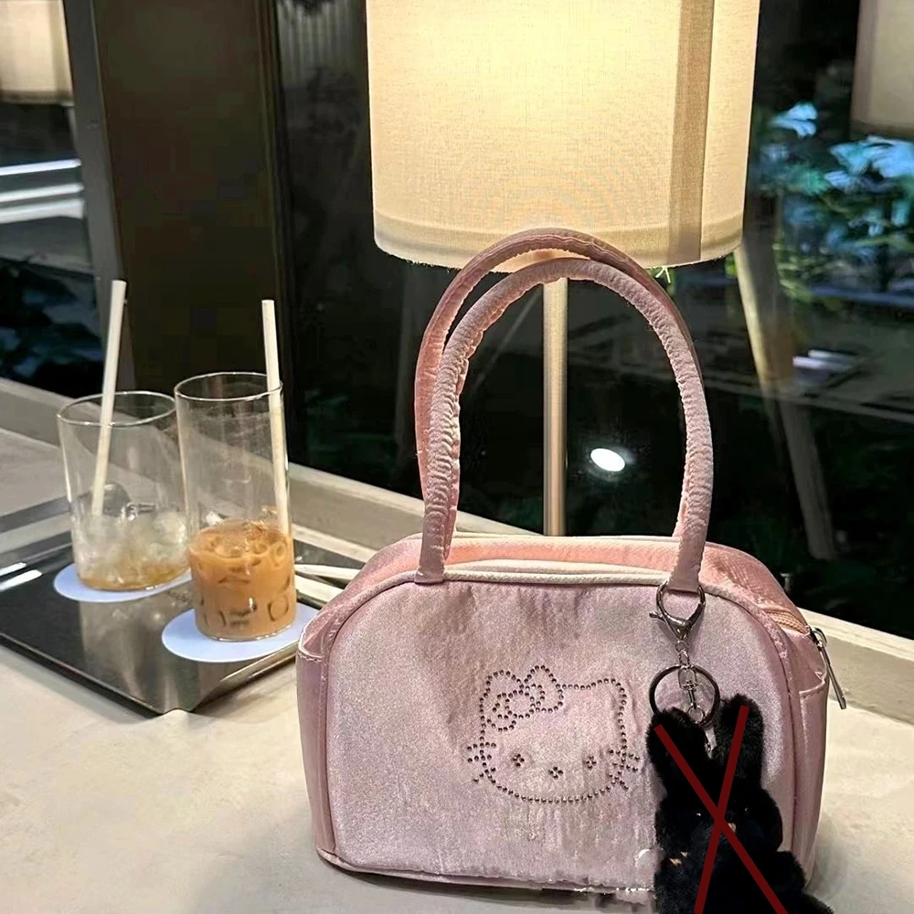 

Hello Kitty Handbag Cute Silk Dopamine Pink Shoulder Bag Anime Cartoon Diamond Travel Tote Bag Large Capacity Makeup Bag