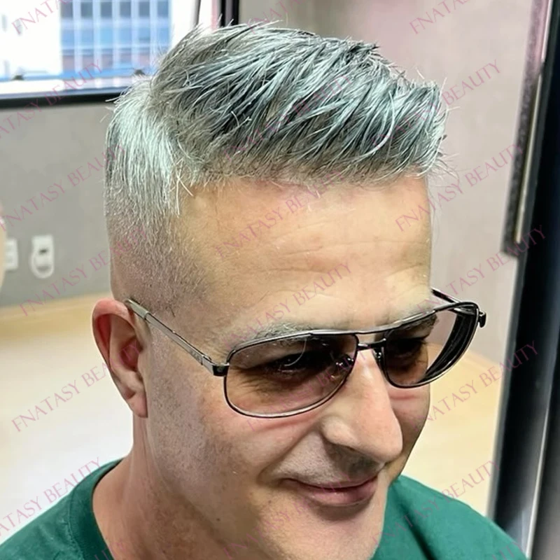 5Inch Long Human Hair Grey Old Man Wavy Straight Hair Prosthesis System Capillary Undetectable Poly Skin 0.1mmPU Base Men Toupee