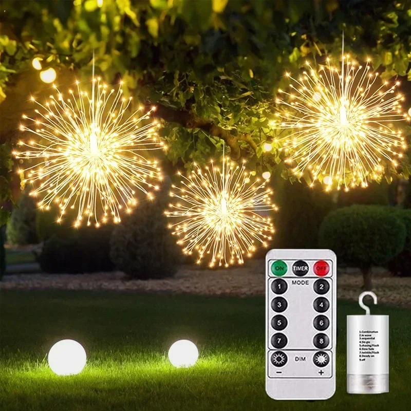 LED Starburst String Light คริสต์มาสดอกไม้ไฟกันน้ําทองแดงลวดแขวน Garland Light สําหรับ Patio Garden Eave Decor