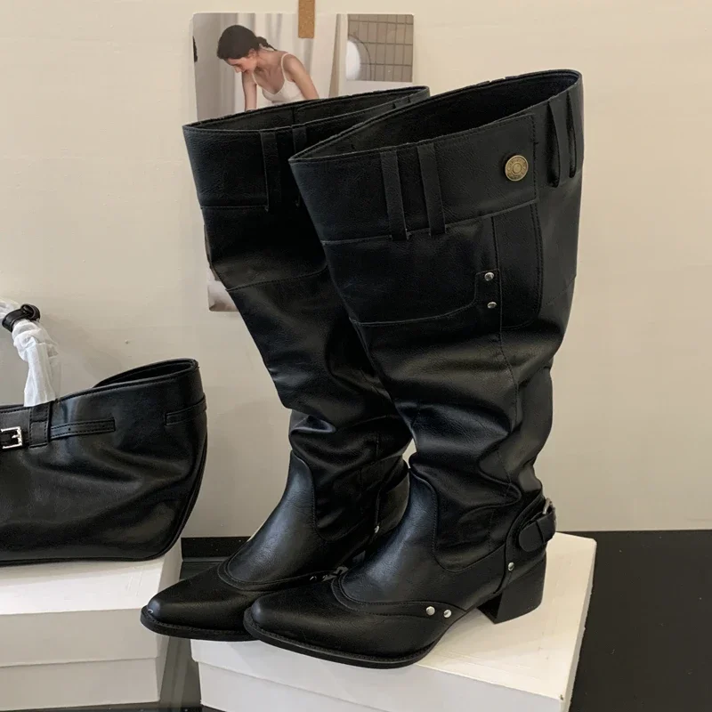 

Aneikeh, зимние модные винтажные ковбойские сапоги в стиле вестерн, женские дизайнерские плиссированные сапоги до колена на толстом каблуке, длинные ботильоны на низком каблуке